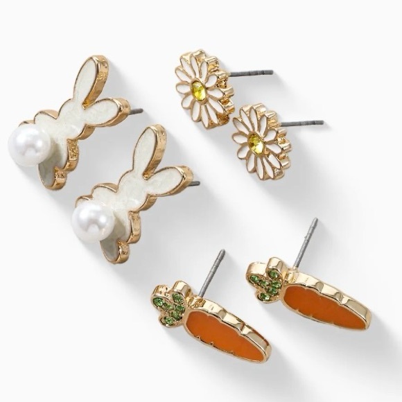 ๐ฐWay to Celebrate Easter Stud Earrings Set- Bunny, Carrot, Daisy Goldtone Set - Picture 2 of 8